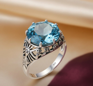 Bague de fiançailles vintage en argent sterling 925 avec topaze bleue naturelle, sertie de griffes, forme géométrique, unisexe, cadeau d'anniversaire - Product Image 3