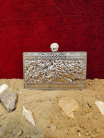 Pochette de soirée de luxe en nacre et coquille d'ormeau, artisanale indienne, avec cadre en laiton argenté, pour l'été, l'hiver, les mariages et les fêtes