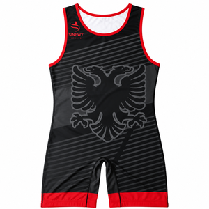 Singlet de Lucha Libre Personalizado para Hombre, Sublimado con Estampado Frontal, Color Negro y Rojo, Marca Sinewy Sports 2026 - Product Image 1