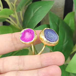 Natural Crystal Pink Blue Geode Druzy Adjustable Open <b>Ring</b> Brass 18k Gold Plated Double Stone <b>Statement</b> Jewelry <b>Rings</b> for Women - Product Image 4