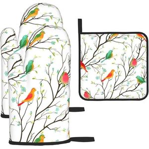 Set di 3 Guanti da Forno Antiscivolo con Simpatici Uccellini, Resistenti al Calore, Design Albero, per Cucina e Barbecue - Product Image 1