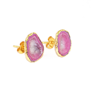 Pendientes de botón geométricos de diseño único con geoda rosa y drusa, chapados en oro de 18K, joyería de lujo llamativa para fiesta, venta al por mayor para mujer - Product Image 2
