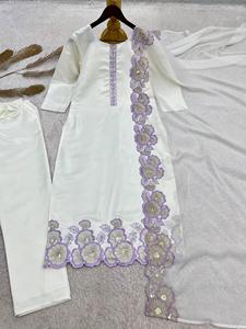 <b>Women's</b> off <b>White</b> Silk Straight <b>Suit</b> with Embroidered Dupatta Indian Pakistani Ethnic Wear Quick Dry All Seasons - Product Image 2