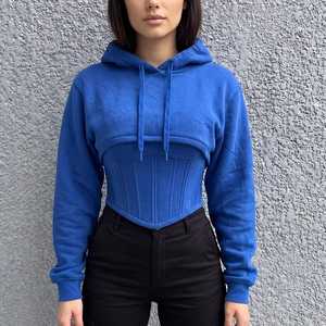 Women's <b>Black</b> Cropped Hooded Sweatshirt Long Sleeve Solid Color <b>Corset</b> Style Drawstring Knitted Terry Summer Wear 100% Cotton - Product Image 5