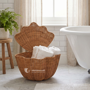 Classic Shell Shaped Wicker Storage <b>Basket</b> <b>Lid</b> Handwoven Rattan Eco-Friendly Organizer Woven Hamper for Nursery Bathroom Home - Product Image 3