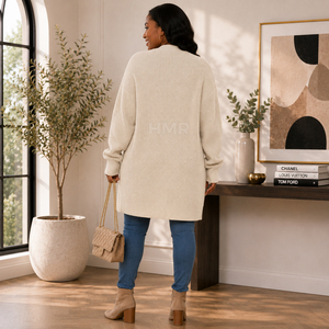 HMR Sisterhood Sorority Acrylic <b>Long</b> Knitted <b>Cardigan</b> V-Neck Full Sleeve Casual Loose Fit With Pockets <b>Beige</b> - Product Image 4