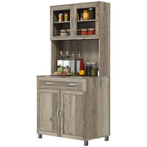 67\" Gray Modern <b>Kitchen</b> <b>Pantry</b> Buffet with Hutch Freestanding Cabinet Design Featuring Glass Doors Shelves Drawers - Product Image 1