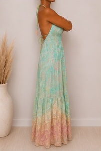 Women's Mint Paisley Print Boho V-neck <b>Elastic</b> <b>Waist</b> Fit Flare Maxi <b>Dress</b> Woven 100% Silk Regular Fit Summer Casual Wear - Product Image 2
