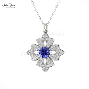 Luxury 5MM Cushion Cut Blue Tanzanite Gemstone Floral <b>Pendant</b> 14k <b>Solid</b> <b>Gold</b> Diamond <b>Pendant</b> Fine Jewelry at Manufacturing Price - Product Image 4