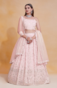 Light Pink Zari Sequence Embroidered Lehenga Choli Set Unstitched Blouse Soft <b>Net</b> <b>Dupatta</b> Wedding Party Wear - Product Image 2