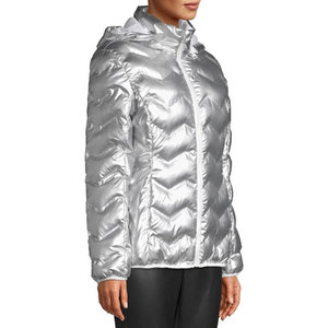 Women's <b>Silver</b> Quilted Puffer <b>Jacket</b> Hooded Zip Front Winter Coat Full Sleeve Polyester Wadding Outerwear - Product Image 6