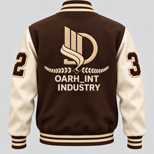 Chaqueta Varsity de Invierno Ecológica para Hombre, Color Marrón y Blanco, con Logotipo Personalizado Bordado OARH INT INDUSTRY, Estilo Preppy, Cuello Camisero - Product Image 2