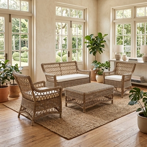 Conjunto Canberra de 4 sillas de ratán Subaliu Kuboo con mimbre y vidrio templado, sofá de tela para exteriores, muebles de patio de primera calidad. - Product Image 4