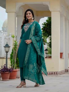 Conjunto de Kurta Tradicional de Seda Romana Premium Color Verde Azulado para Mujer, con Dupatta Bordada, Estilo Casual, India, Pakistán, Largo hasta el Tobillo, Corte Regular - Product Image 3