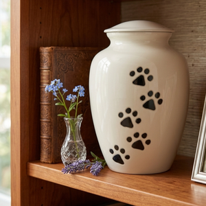 White Pet Cremation <b>Urn</b> With Black Paw Prints Design For Dog <b>Cat</b> Memorial - Product Image 1
