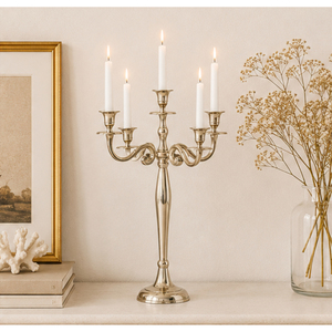 Candelabro de metal elegante de 5 brazos, plateado, de aluminio, para centros de mesa de boda, decoración de fiestas, venta al por mayor. - Product Image 4