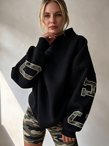 Women's Oversized <b>Black</b> Knitted <b>Sweatshirt</b> With Camo Letter Embroidery Drop-Shoulder Crew Neck Short Length Autumn Wear - Product Image 3