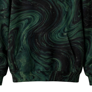 Sweat à capuche unisexe surdimensionné 100% polyester imprimé marbre vert, lettrage graphique gothique, manches longues, poche kangourou - Product Image 6