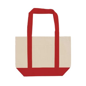 Sac fourre-tout en toile crème moyen réutilisable pour cadeaux et courses, avec poignées d'épaule rouges, poche avant, soufflet et impression de logo personnalisé, écologique - Product Image 3