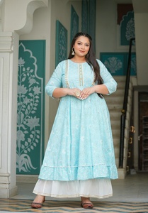 Women's <b>Plus</b> <b>Size</b> Cotton Anarkali Kurta Blue Floral Printed Embroidered Round Neck Three Quarter Sleeves Comfortable Wear - Product Image 5