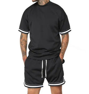 Conjunto de Verano para Hombre al por Mayor a Bajo Precio: Camiseta y Pantalones Cortos Casuales de Fitness, Cintura Media, Diseño Liso, Transpirables, de Algodón Teñido - Product Image 4