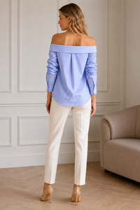 <b>Women</b>’s Blue & White Off Shoulder Striped Button Down <b>Shirt</b>, <b>Long</b> Sleeve Ruched Sleeve Casual Elegant <b>Shirt</b> - Product Image 3