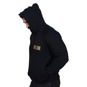 ผู้ผลิตขายส่ง เสื้อฮู้ดดี้คุณภาพสูง ผ้าฝ้าย 100% พิมพ์ลายโลโก้แบบกลิตเตอร์ สำหรับผู้ชาย ทรงโอเวอร์ไซส์ สีดำ - Product Image 3