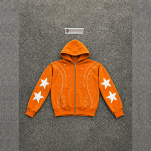 Sweat à capuche zippé oversize orange, moderne, avec motif étoiles et flammes brodés, coupe classique, décontracté, pour l'automne, TENDANCE, doux pour l'hiver - Product Image 5