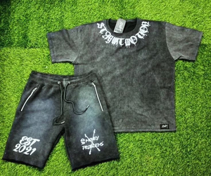 Stylish 3D Printed Summer Shorts <b>Set</b> Men Custom Distressed Washed Polyester/Cotton Blend Breathable T-Shirt <b>Sets</b> Custom Logo - Product Image 2