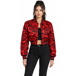 Red Rose Print Varsity <b>Jacket</b> Women's <b>Short</b> Length Full <b>Sleeve</b> Turn-down Collar Polyester Autumn Floral Pattern - Product Image 4