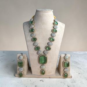 Emerald Crystal Gold Plated <b>Statement</b> <b>Necklace</b> and Earring Set Long Green Wedding Jewelry Vintage Inspired Indian Handmade - Product Image 6