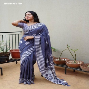 Premium Quality Pure Chanderi Cotton with Hand-Block Battik Print Saree-<b>Spray</b> with Block Print Blouse <b>Set</b> Indian Exporter - Product Image 1