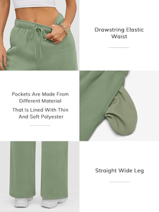 Pantalon en molleton à taille haute et jambes larges pour femme, couleur unie, fermeture à cordon, coupe ample, longueur intégrale, décontracté, pour l'automne, vert, unisexe - Product Image 4