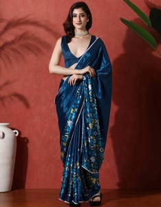 Sari en soie Chinon Phulkari géométrique traditionnel prêt-à-porter KV Teal avec chemisier non cousu pour les occasions festives - Product Image 1
