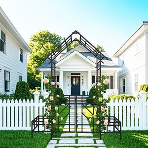 Black Metal Garden <b>Arch</b> with Gate and Planter W80.71*H97.24 Size Climbing Plants Support Outdoor <b>Rose</b> Trellis - Product Image 2