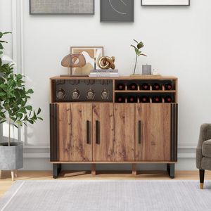 Mobile bar per la casa con 3 ante, ripiani regolabili, in legno massello di mango e acciaio - Product Image 2