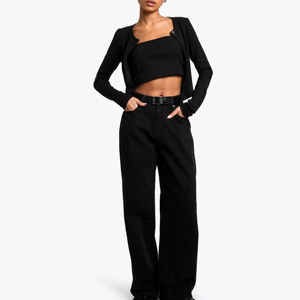 Pantalon cargo taille haute pour femme, 100 % polyester, tissu tricoté, noir uni, coupe droite, longueur intégrale, style sportif estival, avec cordon de serrage - Product Image 3