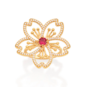 Golden Flower <b>Ring</b> With Red Ruby Center And Diamond Accents <b>For</b> Evening Wear <b>For</b> Women's Fashion Jewelry - Product Image 2