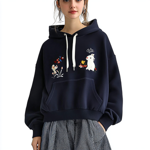 Sudadera con Capucha Ligera de Algodón para Mujer, Estilo Nuevo, Manga Larga, con Cordón Ajustable, Gráfico Bordado y Bolsillo Frontal Tipo Canguro - Product Image 3