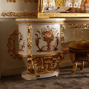 European Luxury <b>Solid</b> Mahogany <b>Dressing</b> <b>Table</b> with Mirror White Gold Hand Carved Floral Luxury Vanity Set for Master Bedroom - Product Image 5