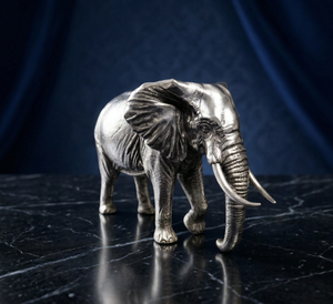 Figurine d'éléphant sauvage en argent oxydé plaqué 999, moulage 3D, Feng Shui, Jaipur Metals |   100% Laiton |   10x5x6,5 cm |   120g | - Product Image 1