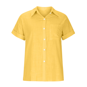 Chemise en lin à manches courtes pour femme, couleur unie, col rabattu, coupe classique, haut décontracté pour le printemps et l'été - Product Image 1