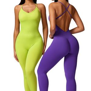 Combinaison de yoga en nylon pour femme, dos croisé, effet froncé aux fesses, body de sport, vêtements de fitness, tenue de sport une pièce, shapewear - Product Image 1