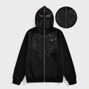 Sweat à capuche zippé intégral en molleton de coton, motif squelette en strass, coupe oversize, streetwear, design graphique, fabrication sur mesure, fourniture pour marques - Product Image 1