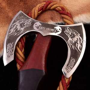 Hache viking à double tête faite à la main, en acier forgé à haute teneur en carbone, avec manche en bois et fourreau en cuir, pour bricolage et OEM - Vente chaude - Product Image 3