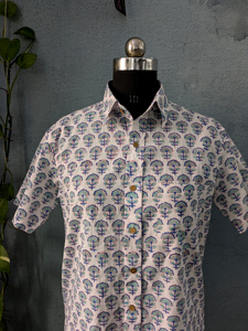 เสื้อเชิ้ตแขนสั้นลายดอกไม้ผ้าฝ้ายสำหรับผู้ชาย คอปกแบบพับได้ สไตล์ฤดูร้อน ระบายอากาศได้ดี ผ้าป๊อปลินทอ - Product Image 4