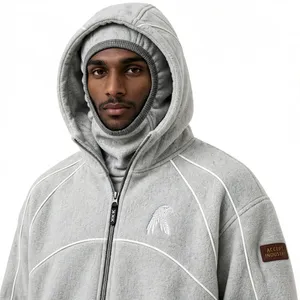 Custom Polar Fleece Balaclava <b>Zip</b> <b>Up</b> <b>Hoodie</b> Piping Detail YKK Zipper Boxy <b>Cropped</b> Streetwear Ski Mask <b>Hoodie</b> - Product Image 3