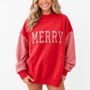 Sweat-shirt oversize à col montant pour femme, imprimé lettres 'Merry', à manches à carreaux rouges, pull tricoté d'hiver, coupe longue, style décontracté - Product Image 1
