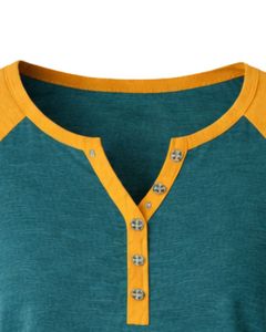 T-shirt pour femme jaune sarcelle à manches courtes, col Henley, coupe raglan, en coton doux, décontracté, idéal pour l'été, confortable pour le quotidien, élégant - Product Image 6