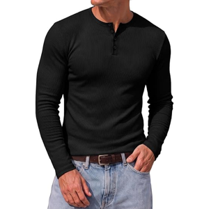 <b>Men</b>’s Ribbed <b>Henley</b> <b>Shirt</b>, High-Stretch Long-Sleeve T-<b>Shirt</b>, Slim-Fit Casual Button-Neck Top for Fall and Everyday Wear - Product Image 3